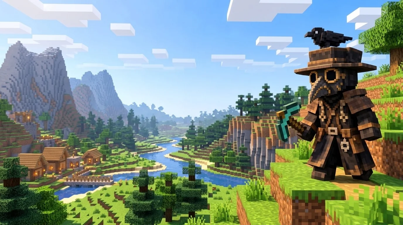The blocky doctor on a grassy cliff overlooking a voxel valley with a river, a village and mountains