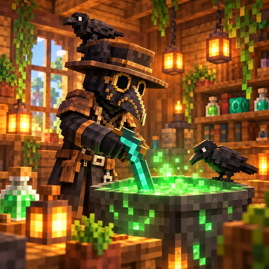 The blocky doctor stirring a glowing green cauldron in a lantern-lit workshop while a raven watches