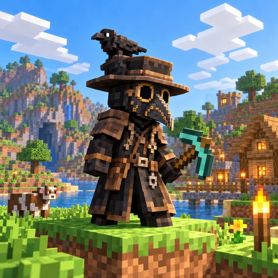 A blocky plague doctor in a wide hat and beaked mask standing on a grass block with a diamond pickaxe, a raven on his hat, a cow and a village behind him