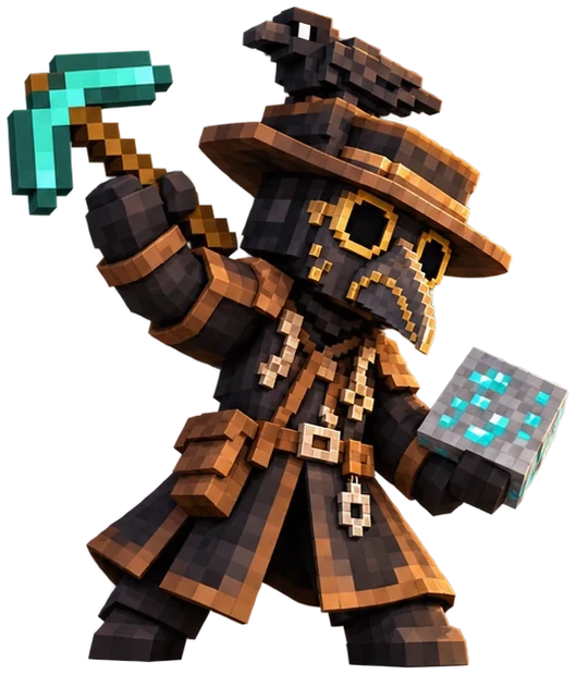 The blocky doctor swinging a diamond pickaxe and holding a diamond ore block